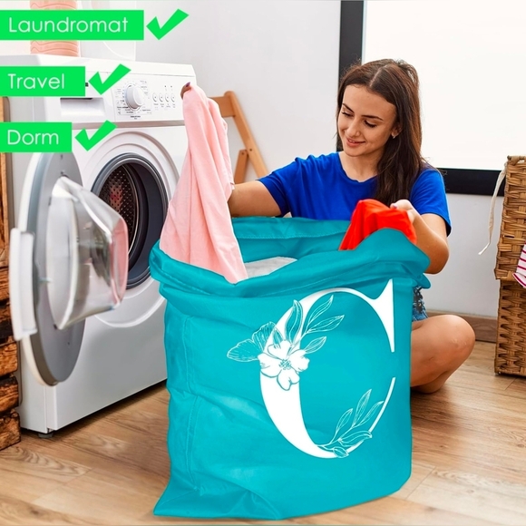 2 Pack Turquoise Personalized XL Laundry Bags *LETTER C* Portable Hamper 24 x 36 - Picture 3 of 5